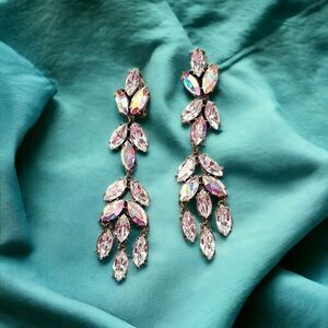 Sequin Aurora Borealis Rhinestone Long Dangle Statement Earrings NWOT